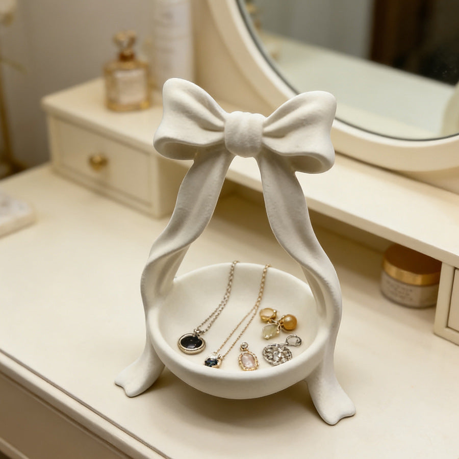 White Bow Jewellery Holder Stand – Aesthetic Bow-Shaped Ring, Earring & Necklace Organizer Tray for Dressing Table