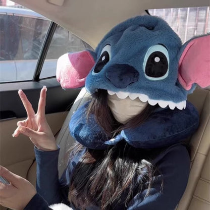 Stitch Plush Travel Neck Pillow with Hoodie Cap – Cute Cartoon U-Shaped Soft Neck Cushion for Car, Flight & Home Use