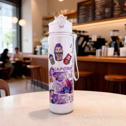 700ml K-Pop Cartoon Water Bottle with Strap | Cute Korean Idol Design Leak-Proof Flip Lid Sipper Bottle for School, Travel & Daily Use