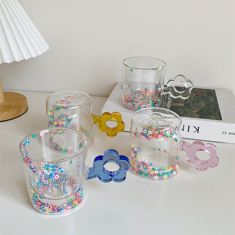 Kawaii Flower Handle Double Wall Glass Mug – Cute Confetti Design | Aesthetic Drinking Cup for Tea, Coffee & Milk