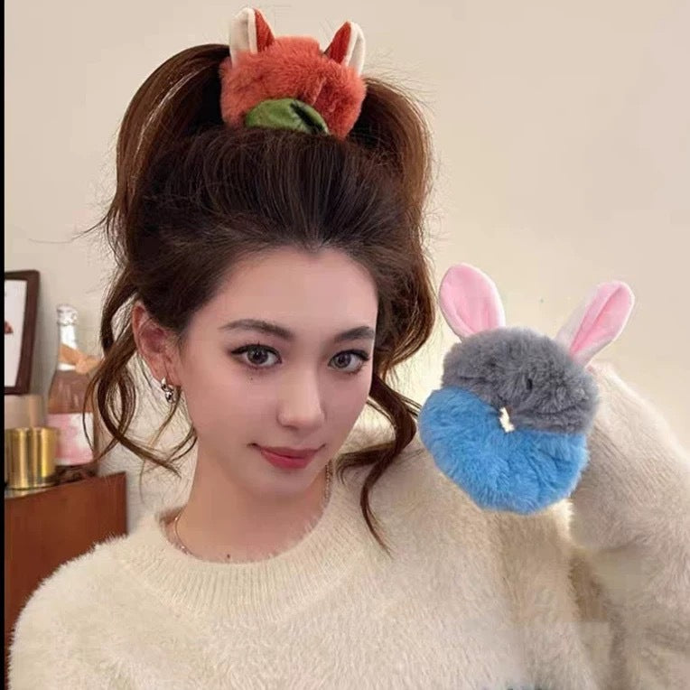 Kawaii Fox & Bunny Plush Hair Scrunchie (Set of 2) – Cute Furry Animal Ear Ponytail Holders for Girls & Women