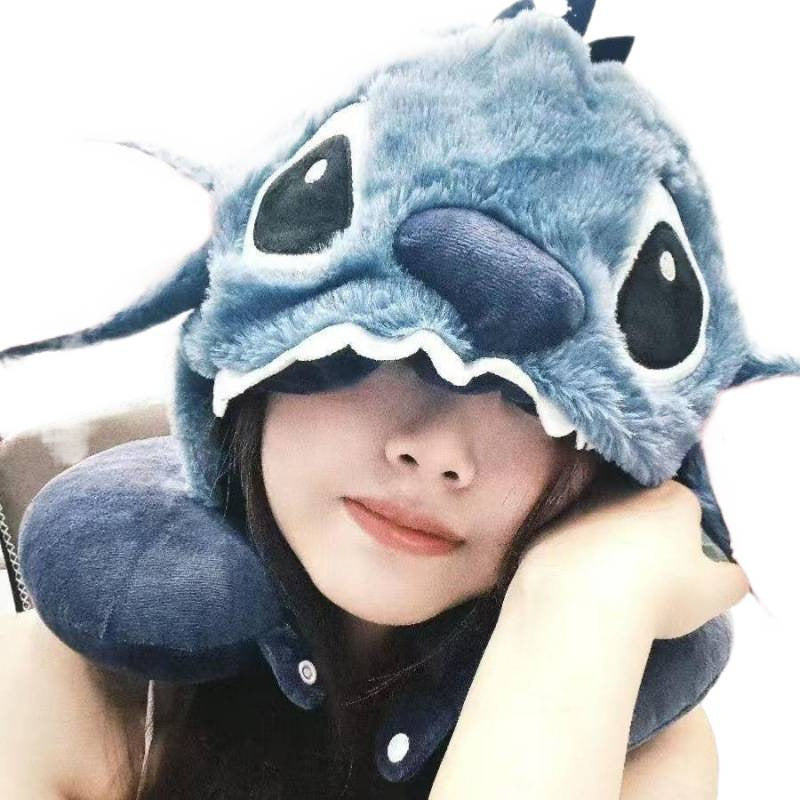 Stitch Plush Travel Neck Pillow with Hoodie Cap – Cute Cartoon U-Shaped Soft Neck Cushion for Car, Flight & Home Use