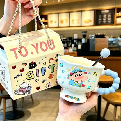Shinchan Ceramic Mug with Bubble Handle & Spoon | Cute Cartoon Coffee Cup | Kawaii Shinchan Gift Mug