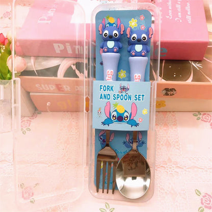 Sanrio Fork & Spoon Set with Case – Cute Hello Kitty, Kuromi, My Melody, Cinnamoroll & Stitch Stainless Steel Kids Cutlery Set | Portable Lunch Box Utensils