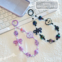 Kawaii Beaded Phone Strap Charm with Hanging Card – Cute Heart & Bow Beads Wrist Lanyard for Mobile, Keychain, AirPods
