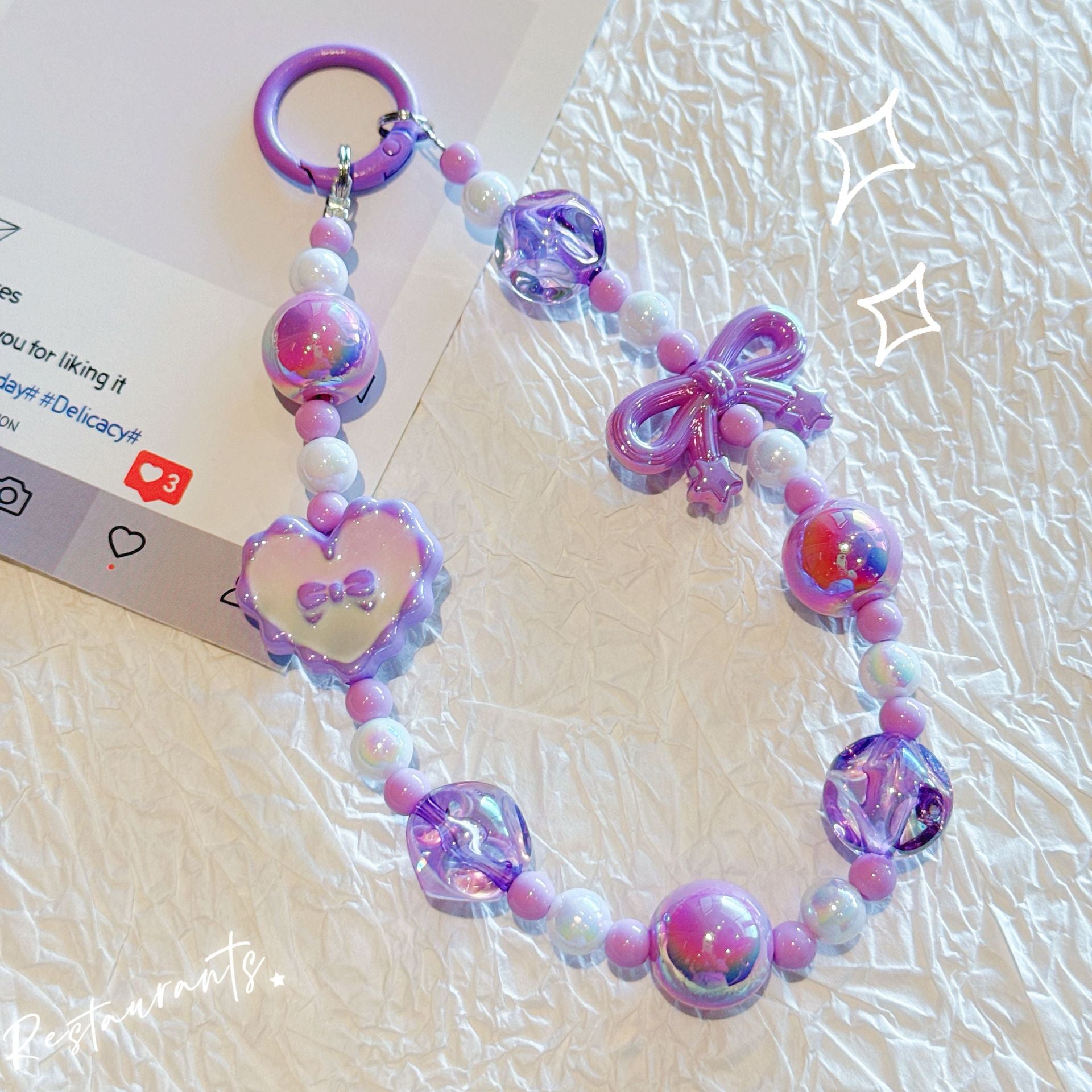Kawaii Beaded Phone Strap Charm with Hanging Card – Cute Heart & Bow Beads Wrist Lanyard for Mobile, Keychain, AirPods