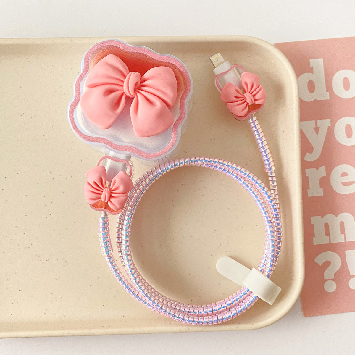 Kawaii Pink Bow Fast Charging USB Cable Protector Set – Cute Glitter Spiral iPhone Charger Cable with Bow Cable Organizer & Adapter Cover
