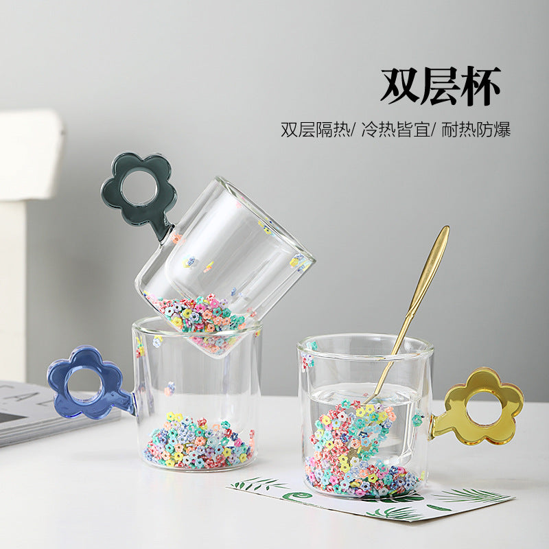 Kawaii Flower Handle Double Wall Glass Mug – Cute Confetti Design | Aesthetic Drinking Cup for Tea, Coffee & Milk