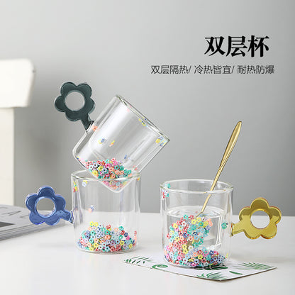 Kawaii Flower Handle Double Wall Glass Mug – Cute Confetti Design | Aesthetic Drinking Cup for Tea, Coffee & Milk