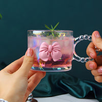 Kawaii Pink Bow Glass Cup – Cute Aesthetic Iridescent Mug with Beaded Handle for Coffee, Milk & Juice | Kawaii Drinkware for Girls