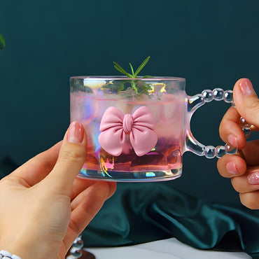 Kawaii Pink Bow Glass Cup – Cute Aesthetic Iridescent Mug with Beaded Handle for Coffee, Milk & Juice | Kawaii Drinkware for Girls