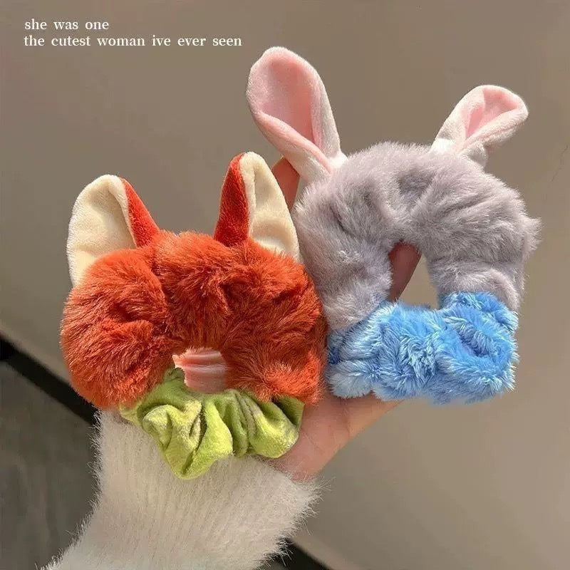 Kawaii Fox & Bunny Plush Hair Scrunchie (Set of 2) – Cute Furry Animal Ear Ponytail Holders for Girls & Women