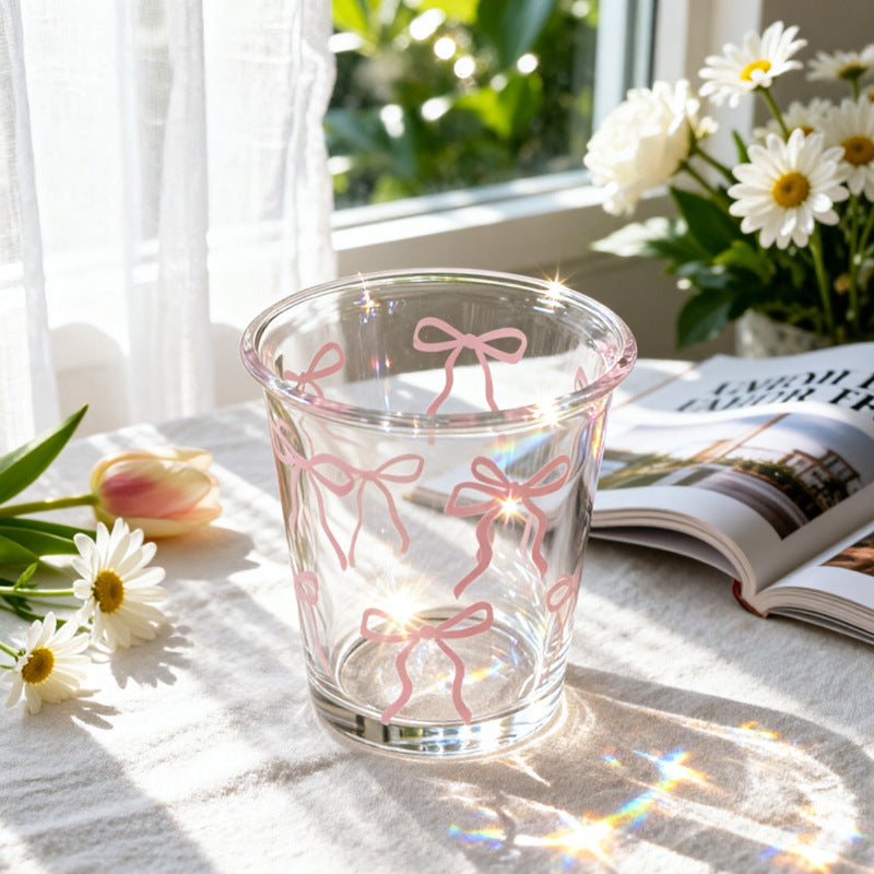 Kawaii Pink Bow Glass Tumbler Cup with Cute Ribbon Print | Aesthetic Drinking Glass for Iced Coffee, Milk, Juice, Bubble Tea & Smoothies | Transparent Glass Cup | Cute Gift for Girls
