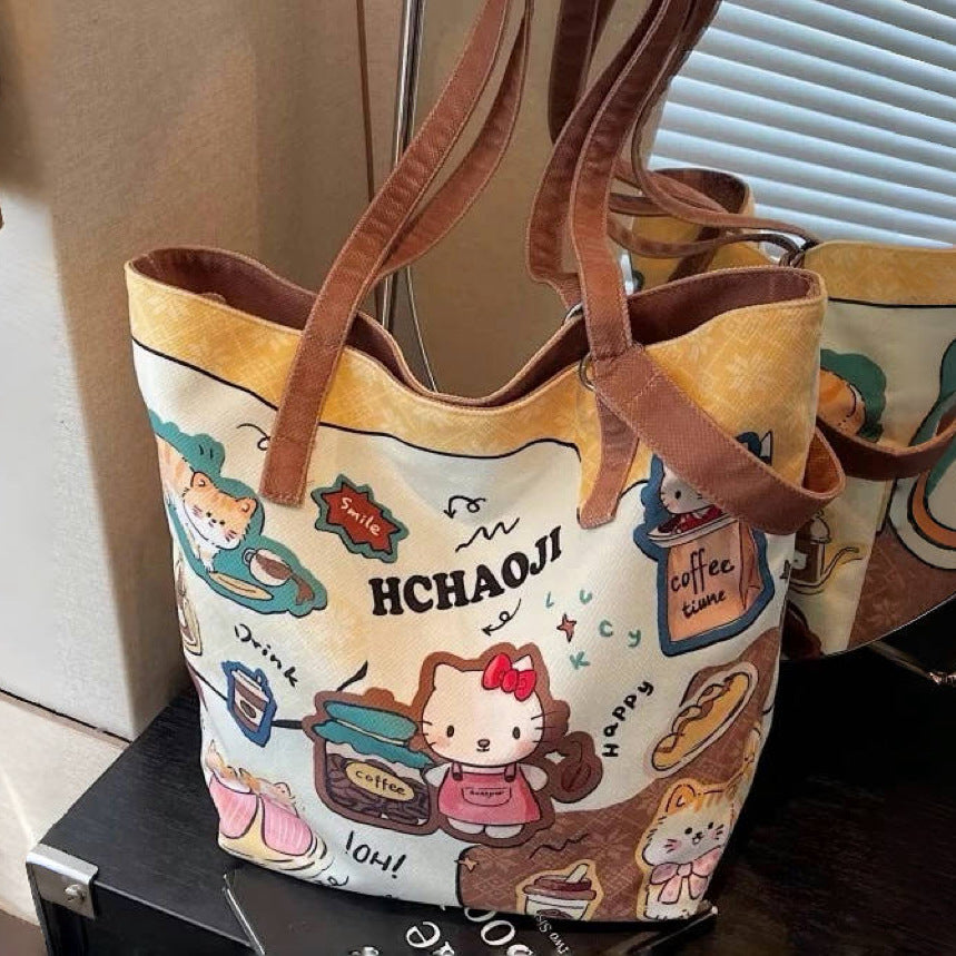 Hello Kitty Kawaii Canvas Tote Bag for Women – Cute Shoulder Handbag with Coffee Theme Print | Large Capacity Everyday Shopper Bag