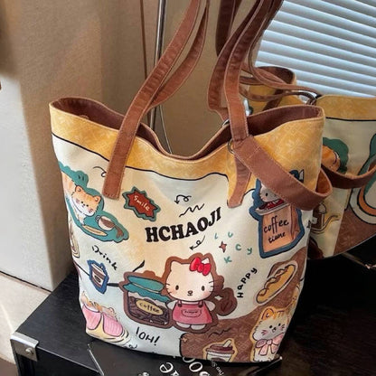 Hello Kitty Kawaii Canvas Tote Bag for Women – Cute Shoulder Handbag with Coffee Theme Print | Large Capacity Everyday Shopper Bag