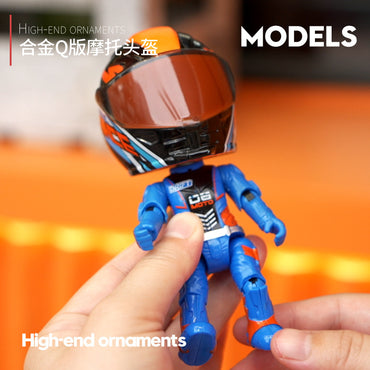 Motorcycle Racer Helmet Action Figure Collectible – Alloy Bike Rider Bobblehead Toy | Mini Moto Racing Helmet Model Desk Decor