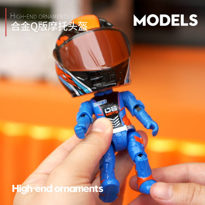 Motorcycle Racer Helmet Action Figure Collectible – Alloy Bike Rider Bobblehead Toy | Mini Moto Racing Helmet Model Desk Decor