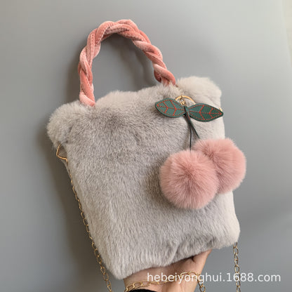 Kawaii Cherry Fluffy Fur Handbag – Cute Plush Crossbody Shoulder Bag with Pom Pom Charm for Girls & Women