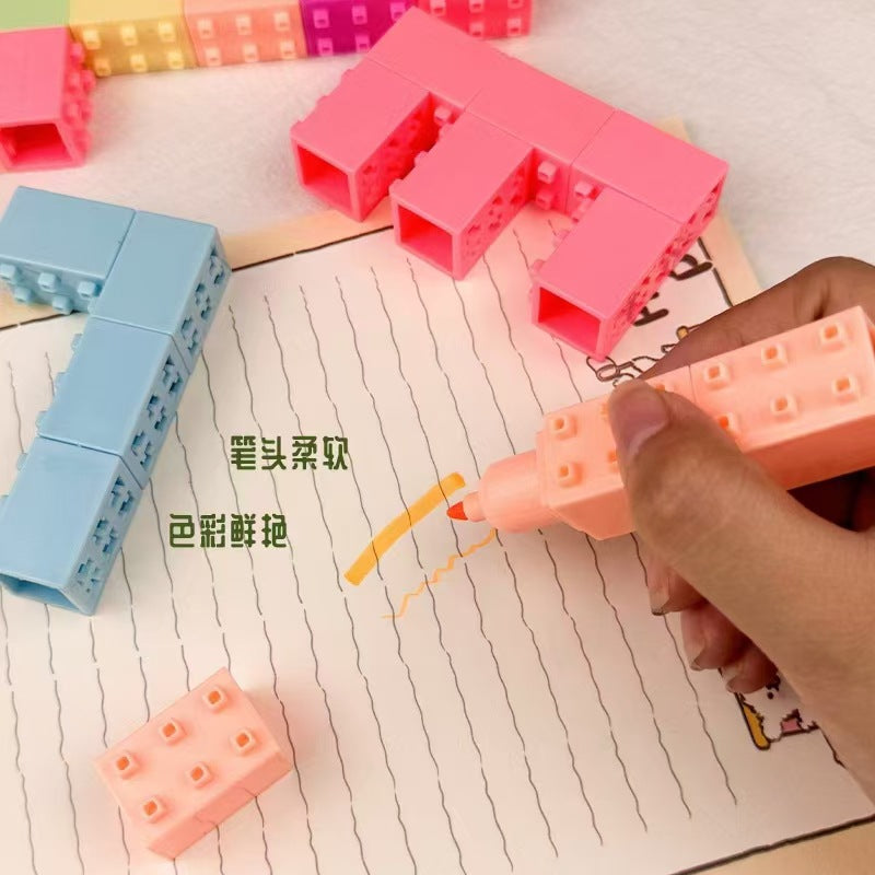 Kawaii Building Block Mini Highlighter Pen Set of 6 | Brick Stackable Highlighter Markers | Cute Pastel Color Marker Pens for School, Office, Journaling & Study Supplies