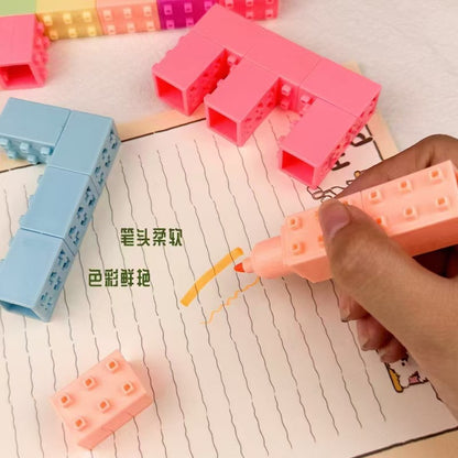 Kawaii Building Block Mini Highlighter Pen Set of 6 | Brick Stackable Highlighter Markers | Cute Pastel Color Marker Pens for School, Office, Journaling & Study Supplies