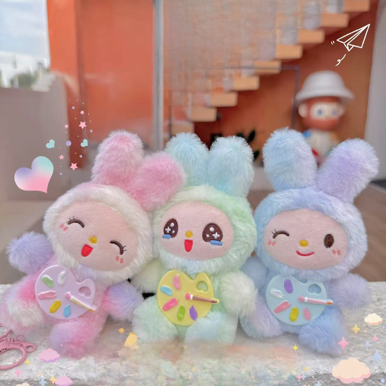 Kawaii Bunny Painter Plush Keychain – Cute Pastel Bunny Soft Toy with Palette | Adorable Stuffed Animal for Kids & Collectors