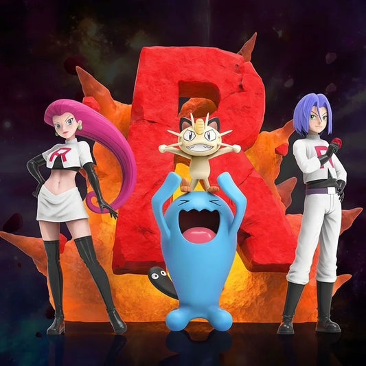 Pokémon Team Rocket Figure Set with Jessie, James, Meowth, Wobbuffet & Team Rocket Logo Base | Premium Anime Action Figure Collection | Collectible Display Statue for Pokémon Fans