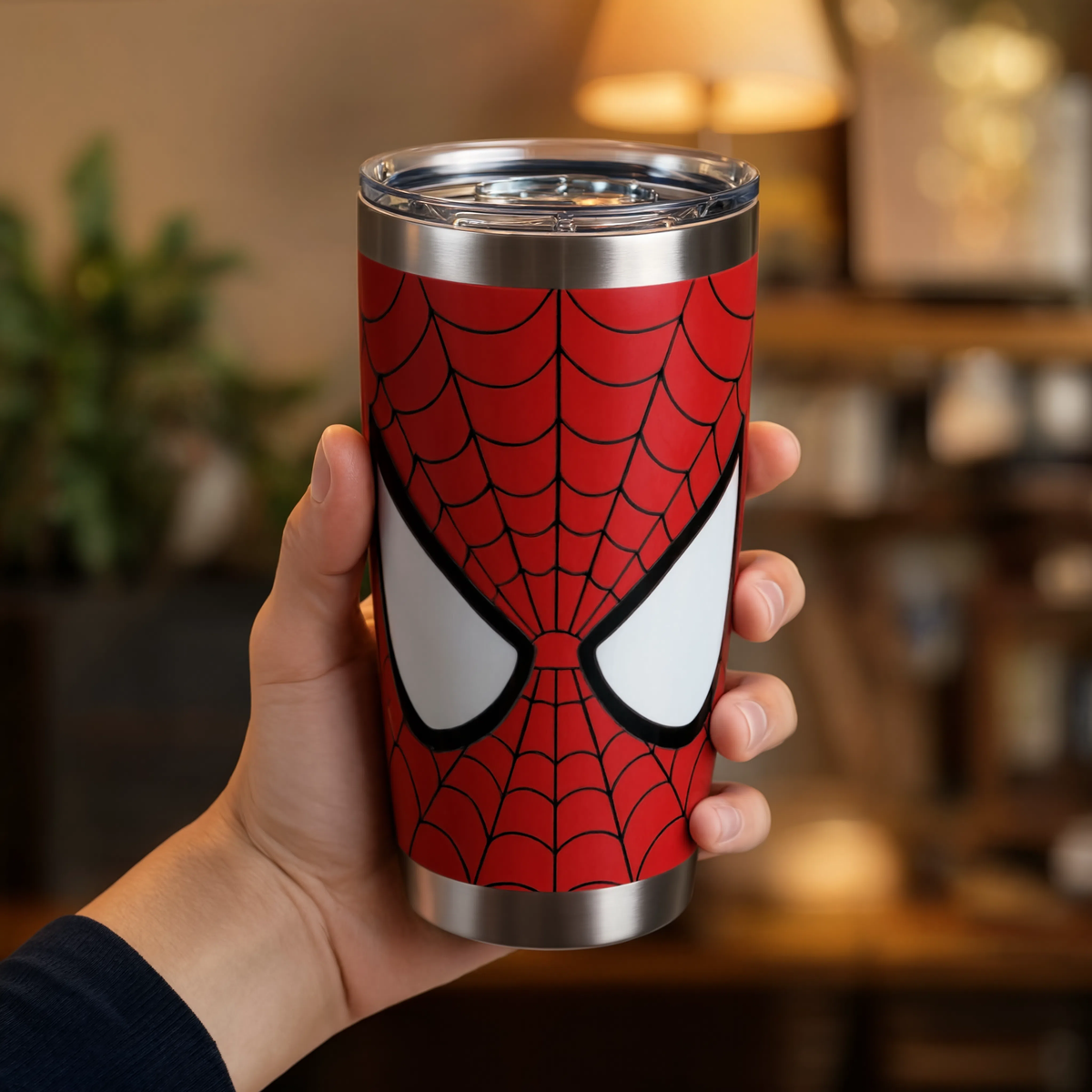 Spider-Man Stainless Steel Insulated Tumbler with Transparent Lid | Red Superhero Travel Coffee Mug