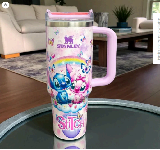 Stitch & Angel Stanley Style Tumbler with Handle – 40oz Cute Cartoon Stainless Steel Travel Cup | Insulated Kawaii Water Bottle