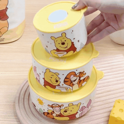 Winnie the Pooh 3-Piece Food Storage Container Set with Lids | Cartoon Lunch Box | Microwave Safe Snack & Kitchen Storage Bowls