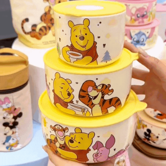 Winnie the Pooh 3-Piece Food Storage Container Set with Lids | Cartoon Lunch Box | Microwave Safe Snack & Kitchen Storage Bowls