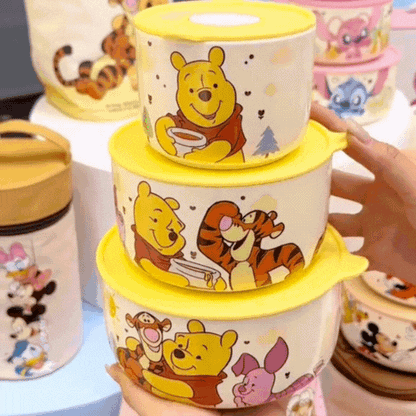 Winnie the Pooh 3-Piece Food Storage Container Set with Lids | Cartoon Lunch Box | Microwave Safe Snack & Kitchen Storage Bowls