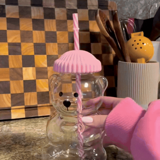 Cute Bear Glass Cup with Pink Lid and Straw | Kawaii Animal Shaped Drinking Glass
