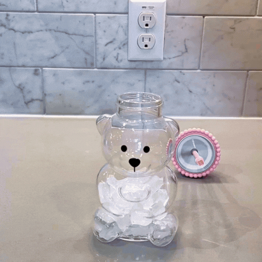 Cute Bear Glass Cup with Pink Lid and Straw | Kawaii Animal Shaped Drinking Glass