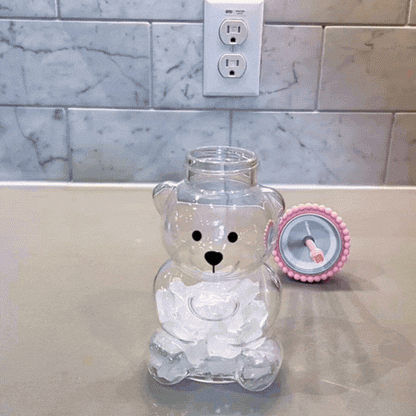 Cute Bear Glass Cup with Pink Lid and Straw | Kawaii Animal Shaped Drinking Glass