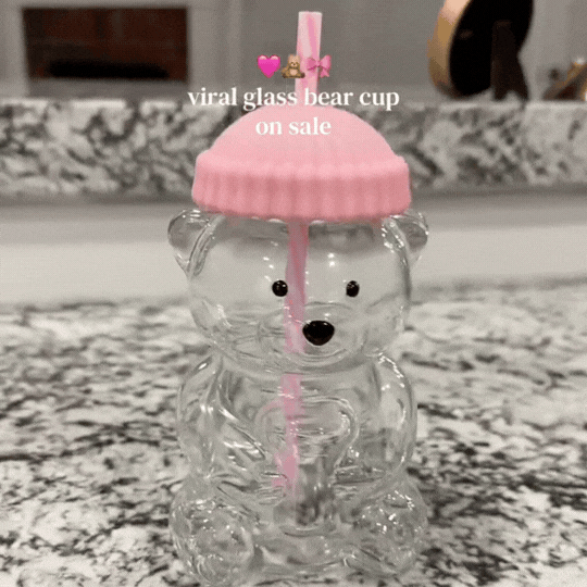 Cute Bear Glass Cup with Pink Lid and Straw | Kawaii Animal Shaped Drinking Glass
