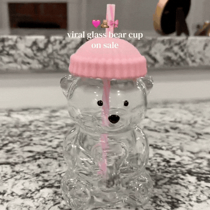 Cute Bear Glass Cup with Pink Lid and Straw | Kawaii Animal Shaped Drinking Glass