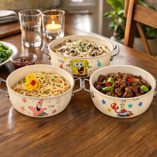 SpongeBob SquarePants Stainless Steel Serving Bowl with Side Handles – Cute Cartoon Cooking & Serving Pot (Single Piece)