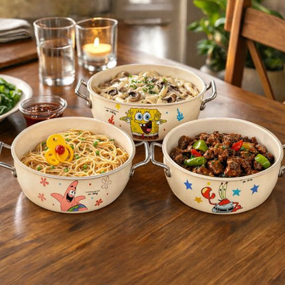 SpongeBob SquarePants Stainless Steel Serving Bowl with Side Handles – Cute Cartoon Cooking & Serving Pot (Single Piece)