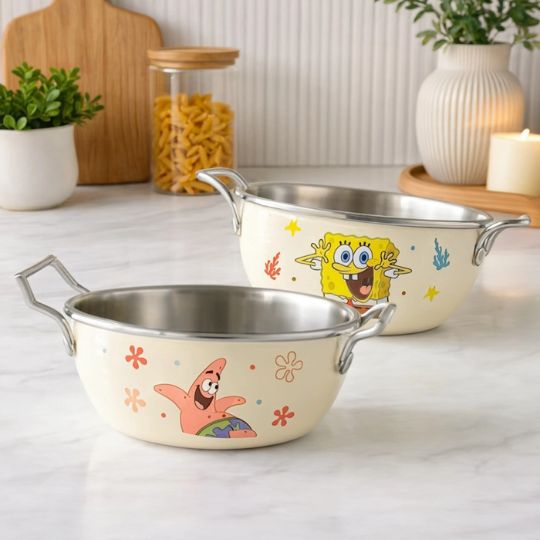 SpongeBob SquarePants Stainless Steel Serving Bowl with Side Handles – Cute Cartoon Cooking & Serving Pot (Single Piece)