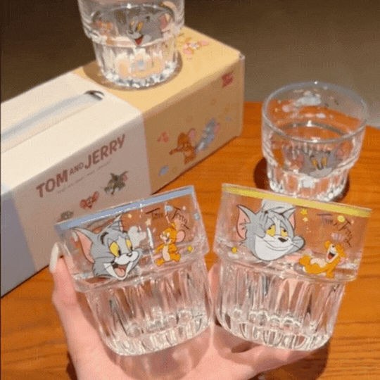 Tom and Jerry Glass Set of 4 with Box | Cartoon Printed Glass Cups | Cute Kawaii Drinking Glasses | Premium Transparent Juice Water Glass Set | Gift Set for Kids & Fans