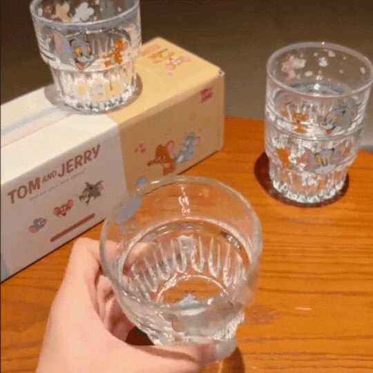 Tom and Jerry Glass Set of 4 with Box | Cartoon Printed Glass Cups | Cute Kawaii Drinking Glasses | Premium Transparent Juice Water Glass Set | Gift Set for Kids & Fans