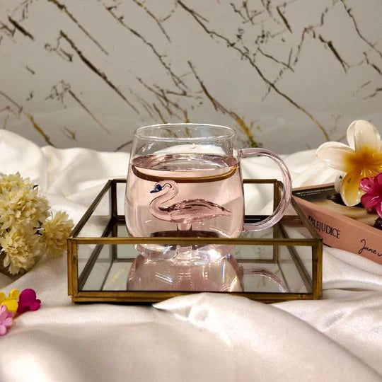 Pink Flamingo Double Wall Glass Mug with Handle | Cute Aesthetic Coffee & Tea Cup | Heat Resistant Transparent Glass Mug