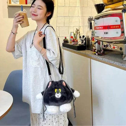 Tom & Jerry Plush Sling Bag for Girls | Cute Cartoon Fur Crossbody Mini Bag with Long Strap