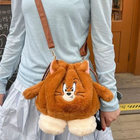 Tom & Jerry Plush Sling Bag for Girls | Cute Cartoon Fur Crossbody Mini Bag with Long Strap
