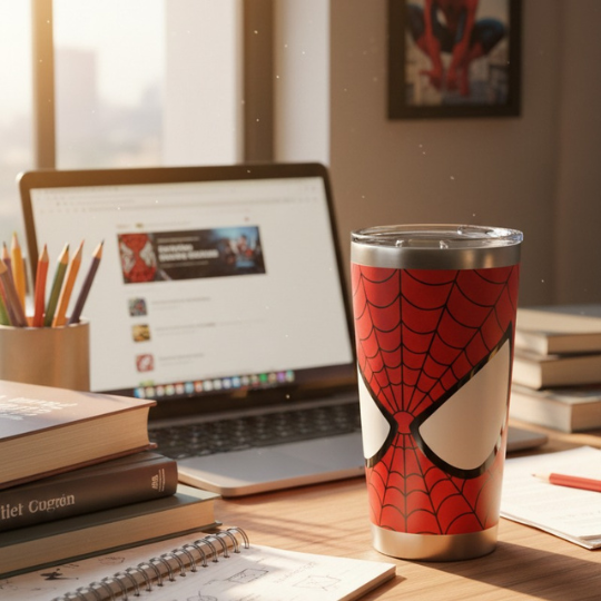 Spider-Man Stainless Steel Insulated Tumbler with Transparent Lid | Red Superhero Travel Coffee Mug