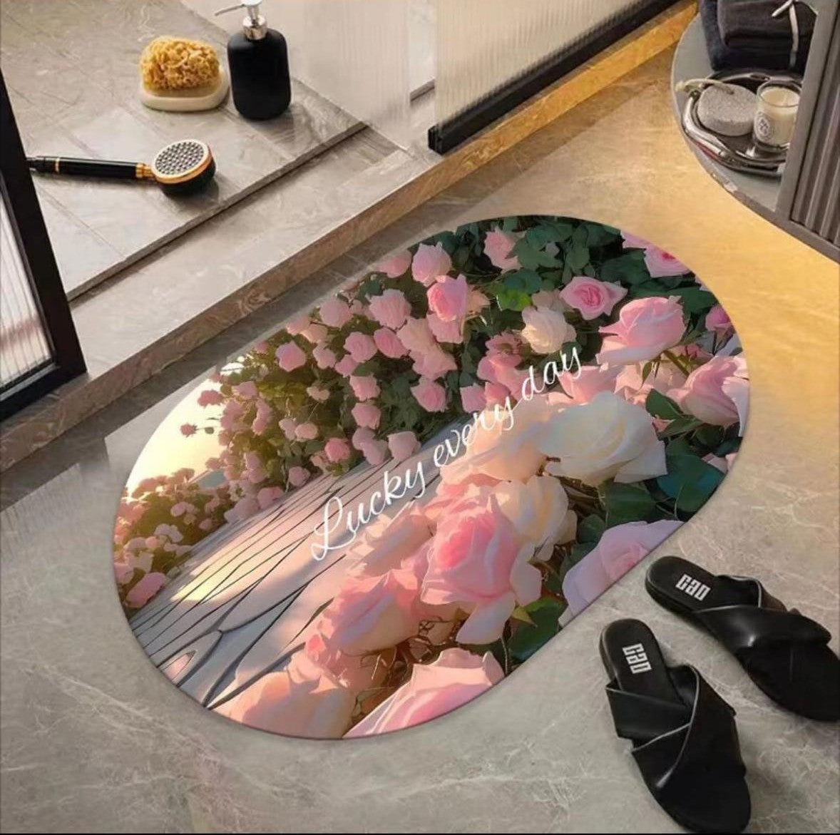 Floral Printed Doormat – Oval Non-Slip Floor Mat with Pink Rose Design | Decorative Entrance & Bathroom Rug