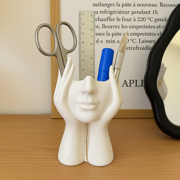 Modern Abstract Face Hand Holder Vase | Multipurpose Ceramic Organizer for Makeup Brushes, Cutlery & Home Décor