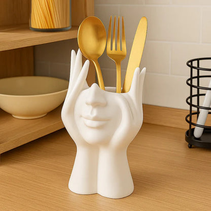 Modern Abstract Face Hand Holder Vase | Multipurpose Ceramic Organizer for Makeup Brushes, Cutlery & Home Décor