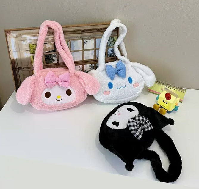 Kawaii Sanrio Plush Shoulder Bag – My Melody, Kuromi & Cinnamoroll Soft Furry Handbag