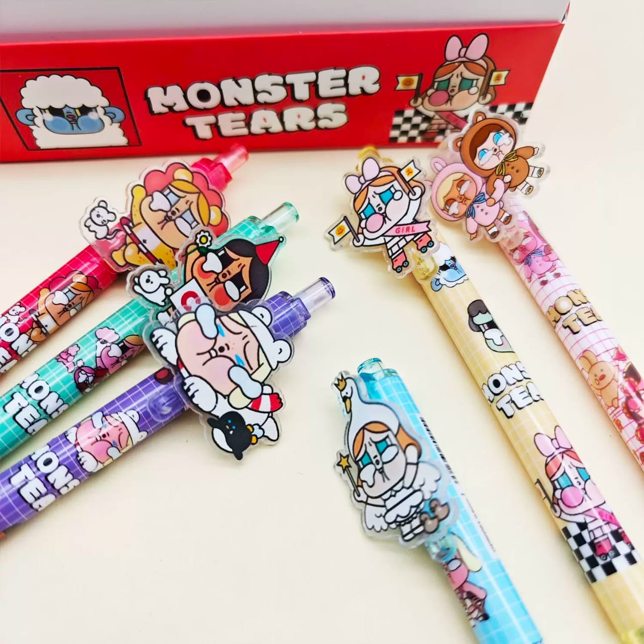 Cry Baby Monster Tears Gel Pen Set (Pack of 6) | Cute Cartoon Kawaii Writing Pens for Kids, Students & Gift
